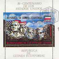 Equatorial Guinea 1975 USA Bicentenary perf sheetlet #2 containing 200E val (Mount Rushmore) in gold with white background, fine cto used, Mi BL179