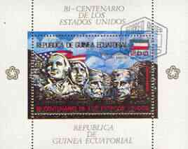 Equatorial Guinea 1975 USA Bicentenary perf sheetlet #2 containing 200E val (Mount Rushmore) in gold with white background, fine cto used, Mi BL179