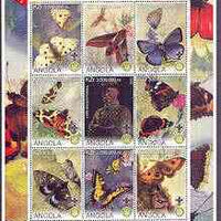 Angola 2000 Butterflies perf sheetlet #01 containing set of 9 values each with Rotary & Scouts Logos, fine cto used