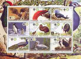 Angola 2000 Exotic Birds perf sheetlet containing set of 9 values each with Rotary & Scouts Logos, fine cto used