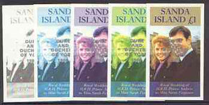 Sanda Island 1986 Royal Wedding imperf souvenir sheet (£1 value) opt'd Duke & Duchess of York in silver, the set of 5 progressive proofs, comprising single colour, 2-colour, two x 3-colour combinations plus completed design, each ……Details Below