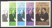 Sanda Island 1986 Royal Wedding imperf deluxe sheet (£2 value) opt'd Duke & Duchess of York in gold, the set of 5 progressive proofs, comprising single colour, 2-colour, two x 3-colour combinations plus completed design, each with……Details Below