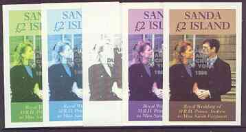Sanda Island 1986 Royal Wedding imperf deluxe sheet (£2 value) opt'd Duke & Duchess of York in silver, the set of 5 progressive proofs, comprising single colour, 2-colour, two x 3-colour combinations plus completed design, each wi……Details Below