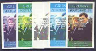 Grunay 1986 Royal Wedding imperf souvenir sheet (£1 value) opt'd Duke & Duchess of York in silver, the set of 5 progressive proofs, comprising single colour, 2-colour, two x 3-colour combinations plus completed design, each with o……Details Below