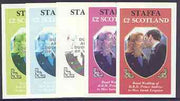 Staffa 1986 Royal Wedding imperf deluxe sheet (£2 value) opt'd Duke & Duchess of York in silver, the set of 5 progressive proofs, comprising single colour, 2-colour, two x 3-colour combinations plus completed design, all with opt.……Details Below