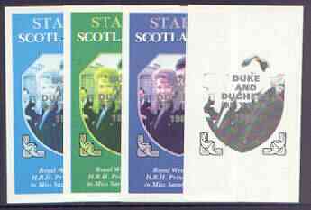 Staffa 1986 Royal Wedding imperf souvenir sheet (£1 value) opt'd Duke & Duchess of York in silver, the set of 4 progressive proofs, comprising single colour, 2-colour plus two x 3-colour combinations, all with opt. (4 proofs),unmounted mint
