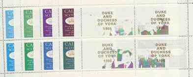 Calve Island 1986 Royal Wedding perf sheetlet of 4 opt'd Duke & Duchess of York in gold, the set of 5 progressive proofs, comprising single colour, 2-colour, two x 3-colour combinations plus completed design each with opt. (20 proofs) unmounted mint