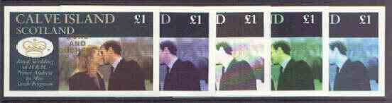 Calve Island 1986 Royal Wedding imperf souvenir sheet (£1 value) opt'd Duke & Duchess of York in gold, the set of 5 progressive proofs, comprising single colour, 2-colour, two x 3-colour combinations plus completed design each wit……Details Below