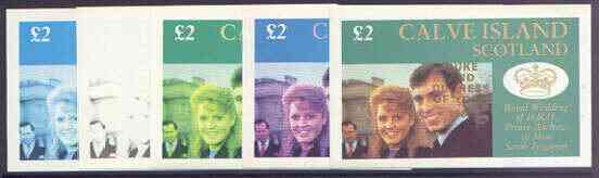 Calve Island 1986 Royal Wedding imperf deluxe sheet (£2 value) opt'd Duke & Duchess of York in gold, the set of 5 progressive proofs, comprising single colour, 2-colour, two x 3-colour combinations plus completed design each with ……Details Below
