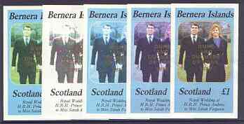 Bernera 1986 Royal Wedding imperf souvenir sheet (£1 value) opt'd Duke & Duchess of York in gold, the set of 5 progressive proofs, comprising single colour, 2-colour, two x 3-colour combinations plus completed design each with opt……Details Below
