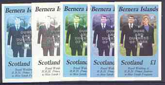 Bernera 1986 Royal Wedding imperf souvenir sheet (£1 value) opt'd Duke & Duchess of York in silver, the set of 5 progressive proofs, comprising single colour, 2-colour, two x 3-colour combinations plus completed design each with o……Details Below