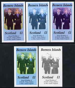 Bernera 1986 Royal Wedding imperf souvenir sheet (£1 value) the set of 5 progressive proofs, comprising single colour, 2-colour, two x 3-colour combinations plus completed design (5 proofs) unmounted mint