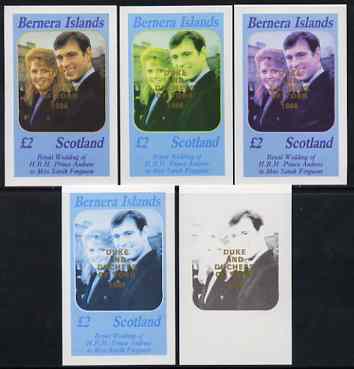 Bernera 1986 Royal Wedding imperf deluxe sheet (£2 value) opt'd Duke & Duchess of York in gold, the set of 5 progressive proofs, comprising single colour, 2-colour, two x 3-colour combinations plus completed design each with opt. ……Details Below