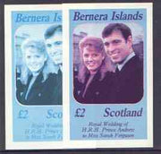 Bernera 1986 Royal Wedding imperf deluxe sheet (£2 value) two progressive proofs, comprising 2-colour and 3-colour combinations (the remaining progressives were damaged by water at the printers) unmounted mint