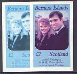 Bernera 1986 Royal Wedding imperf deluxe sheet (£2 value) two progressive proofs, comprising 2-colour and 3-colour combinations (the remaining progressives were damaged by water at the printers) unmounted mint