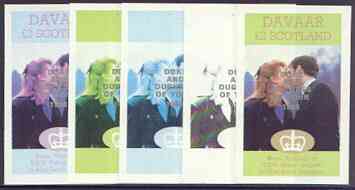 Davaar Island 1986 Royal Wedding imperf deluxe sheet (£2 value) opt'd Duke & Duchess of York in silver, the set of 5 progressive proofs, comprising single colour, 2-colour, two x 3-colour combinations plus completed design each wi……Details Below