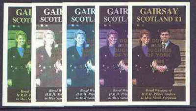 Gairsay 1986 Royal Wedding imperf souvenir sheet (£1 value) opt'd Duke & Duchess of York in gold, the set of 5 progressive proofs, comprising single colour, 2-colour, two x 3-colour combinations plus completed design each with opt……Details Below