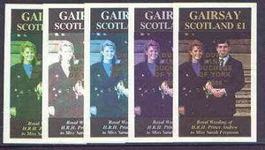 Gairsay 1986 Royal Wedding imperf souvenir sheet (£1 value) opt'd Duke & Duchess of York in gold, the set of 5 progressive proofs, comprising single colour, 2-colour, two x 3-colour combinations plus completed design each with opt……Details Below