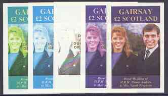 Gairsay 1986 Royal Wedding imperf deluxe sheet (£2 value) opt'd Duke & Duchess of York in gold, the set of 5 progressive proofs, comprising single colour, 2-colour, two x 3-colour combinations plus completed design each with opt. ……Details Below