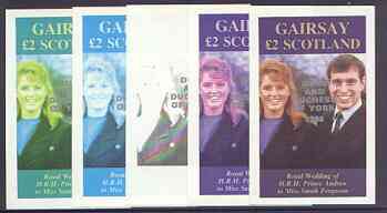 Gairsay 1986 Royal Wedding imperf deluxe sheet (£2 value) opt'd Duke & Duchess of York in silver, the set of 5 progressive proofs, comprising single colour, 2-colour, two x 3-colour combinations plus completed design each with opt……Details Below