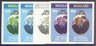 Nagaland 1986 Royal Wedding imperf deluxe sheet (2ch value) opt'd Duke & Duchess of York in gold, the set of 5 progressive proofs, comprising single colour, 2-colour, two x 3-colour combinations plus completed design each with opt……Details Below