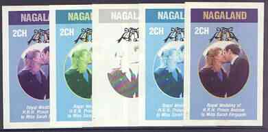 Nagaland 1986 Royal Wedding imperf deluxe sheet (2ch value) the set of 5 progressive proofs, comprising single colour, 2-colour, two x 3-colour combinations plus completed design (5 proofs) unmounted mint