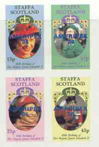 Staffa 1986 Queen's 60th Birthday imperf sheetlet of 4 with AMERIPEX opt in blue unmounted mint