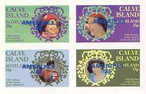 Calve Island 1986 Queen's 60th Birthday imperf sheetlet of 4 with AMERIPEX opt in blue unmounted mint