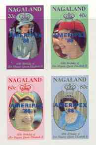 Nagaland 1986 Queen's 60th Birthday imperf sheetlet of 4 with AMERIPEX opt in blue unmounted mint