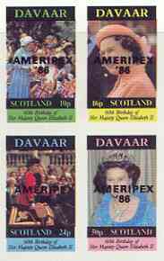 Davaar Island 1986 Queen's 60th Birthday imperf sheetlet of 4 with AMERIPEX opt in black unmounted mint