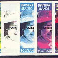 Bernera 1986 Queen's 60th Birthday imperf souvenir sheet (£1 value) with AMERIPEX opt in black, the set of 6 progressive proofs comprising single colour, 2-colour, three x 3-colour combinations plus completed design (6 proofs) unmounted mint