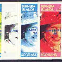 Bernera 1986 Queen's 60th Birthday imperf souvenir sheet (£1 value) with AMERIPEX opt in blue, the set of 6 progressive proofs comprising single colour, 2-colour, three x 3-colour combinations plus completed design (6 proofs) unmounted mint
