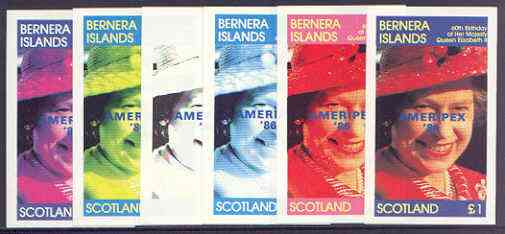 Bernera 1986 Queen's 60th Birthday imperf souvenir sheet (£1 value) with AMERIPEX opt in blue, the set of 6 progressive proofs comprising single colour, 2-colour, three x 3-colour combinations plus completed design (6 proofs) unmounted mint