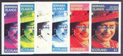 Bernera 1986 Queen's 60th Birthday imperf souvenir sheet (£1 value) with AMERIPEX opt in blue, the set of 6 progressive proofs comprising single colour, 2-colour, three x 3-colour combinations plus completed design (6 proofs) unmounted mint