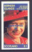 Bernera 1986 Queen's 60th Birthday imperf souvenir sheet (£1 value) with AMERIPEX opt in blue unmounted mint