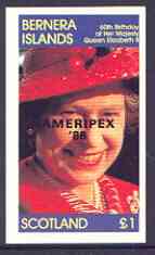 Bernera 1986 Queen's 60th Birthday imperf souvenir sheet (£1 value) with AMERIPEX opt in black unmounted mint