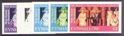 Eynhallow 1986 Queen's 60th Birthday imperf deluxe sheet (£2 value) with AMERIPEX opt in black, set of 5 progressive proofs comprising single & various composite combinations unmounted mint