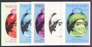 Nagaland 1986 Queen's 60th Birthday imperf deluxe sheet (2Ch value) with AMERIPEX opt in black, set of 5 progressive proofs comprising single & various composite combinations unmounted mint