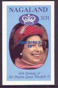 Nagaland 1986 Queen's 60th Birthday imperf deluxe sheet (2Ch value) with AMERIPEX opt in blue unmounted mint
