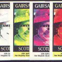 Gairsay 1986 Queen's 60th Birthday imperf souvenir sheet (£1 value) with AMERIPEX opt in black, set of 5 progressive proofs comprising single & various composite combinations unmounted mint