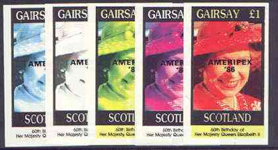 Gairsay 1986 Queen's 60th Birthday imperf souvenir sheet (£1 value) with AMERIPEX opt in black, set of 5 progressive proofs comprising single & various composite combinations unmounted mint