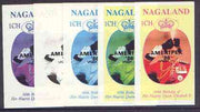 Nagaland 1986 Queen's 60th Birthday imperf souvenir sheet (1ch value) with AMERIPEX opt in black, set of 5 progressive proofs comprising single & various composite combinations unmounted mint