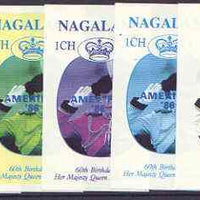 Nagaland 1986 Queen's 60th Birthday imperf souvenir sheet (1ch value) with AMERIPEX opt in blue, set of 5 progressive proofs comprising single & various composite combinations unmounted mint