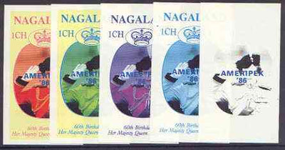 Nagaland 1986 Queen's 60th Birthday imperf souvenir sheet (1ch value) with AMERIPEX opt in blue, set of 5 progressive proofs comprising single & various composite combinations unmounted mint