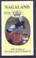 Nagaland 1986 Queen's 60th Birthday imperf souvenir sheet (1ch value) with AMERIPEX opt in blue unmounted mint