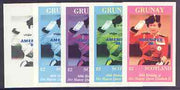 Grunay 1986 Queen's 60th Birthday imperf deluxe sheet (£2 value) with AMERIPEX opt in blue, set of 5 progressive proofs comprising single & various composite combinations unmounted mint