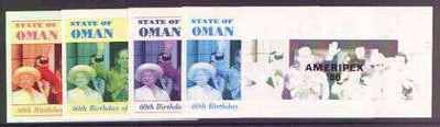 Oman 1986 Queen's 60th Birthday imperf souvenir sheet (2R value) with AMERIPEX opt in black, set of 5 progressive proofs comprising single & various composite combinations unmounted mint