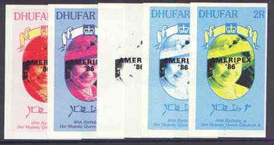 Dhufar 1986 Queen's 60th Birthday imperf souvenir sheet (2R value) with AMERIPEX opt in black, set of 5 progressive proofs comprising single & various composite combinations unmounted mint