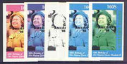 Eritrea 1986 Queen's 60th Birthday imperf souvenir sheet (160s value) with AMERIPEX opt in black, set of 5 progressive proofs comprising single & various composite combinations