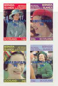 Bernera 1986 Queen's 60th Birthday imperf sheetlet containing 4 values with AMERIPEX opt in blue unmounted mint